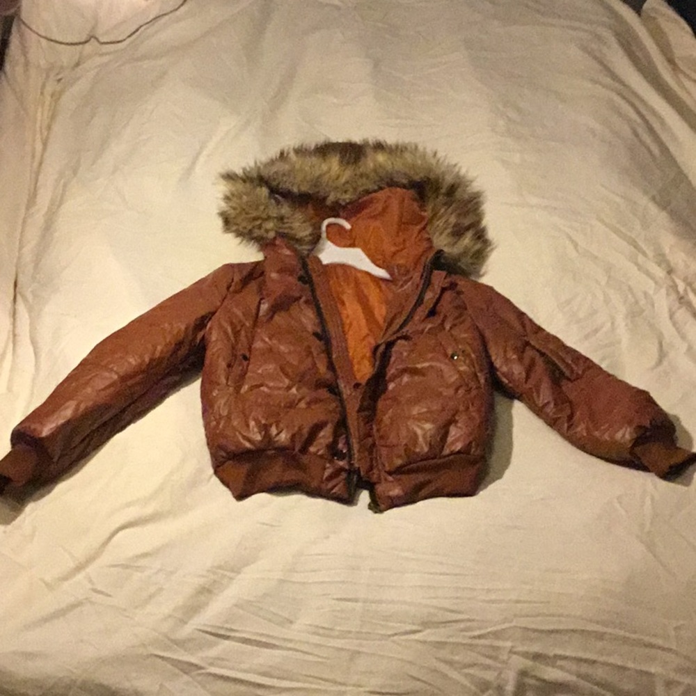 Puffy faux leather jacket, orange liner